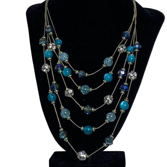 Glass Bead Crystal Necklace Cascade 5 Layer Faceted Sparkly By M. Haskell Blues - Picture 16 of 16
